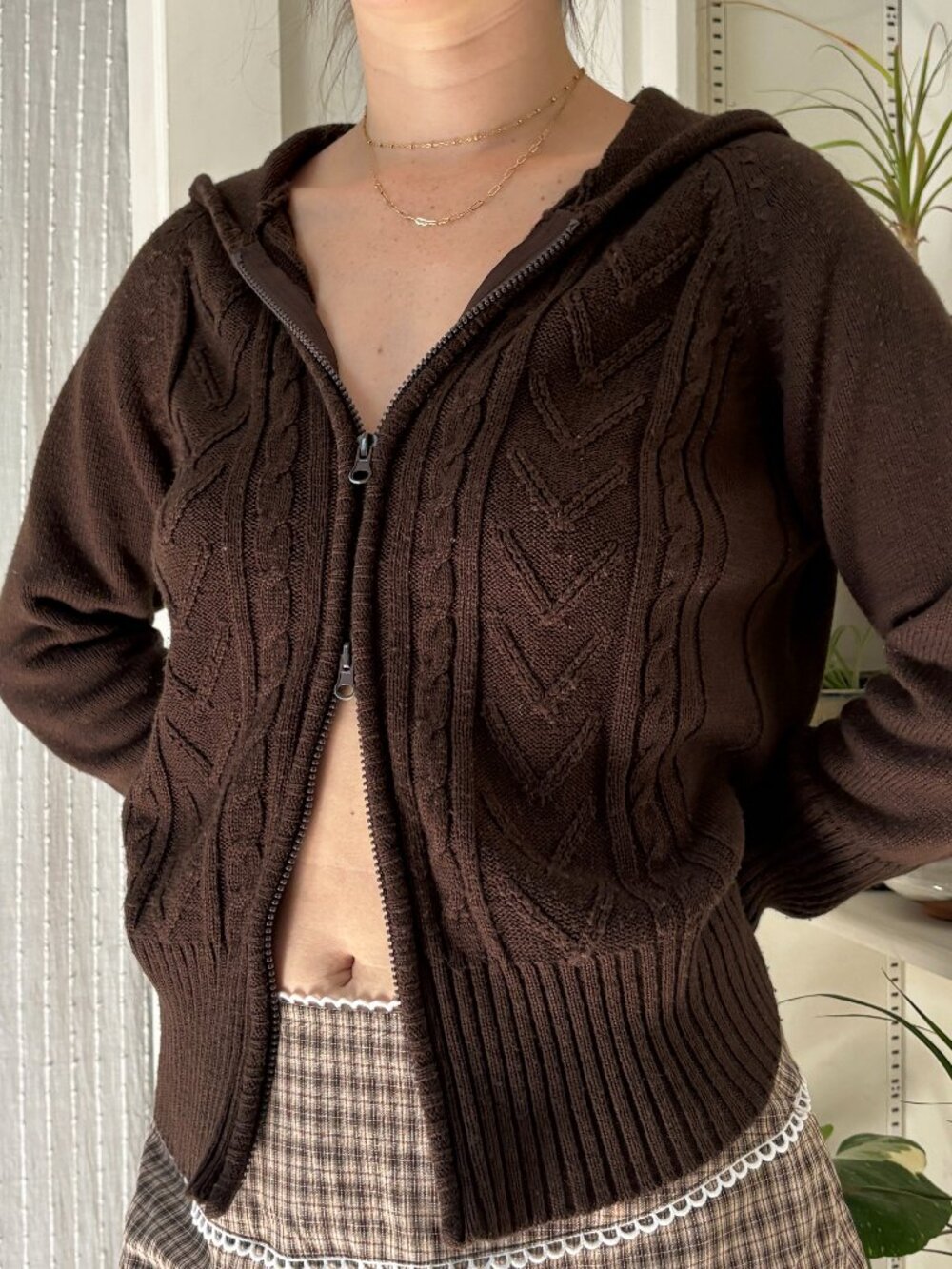 Vintage Brown Knit Zip-Up Cardigan - XL
